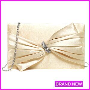 Satin Evening Clutch Rhinestone Bow Adjustable Elegant Formal Wedding Prom